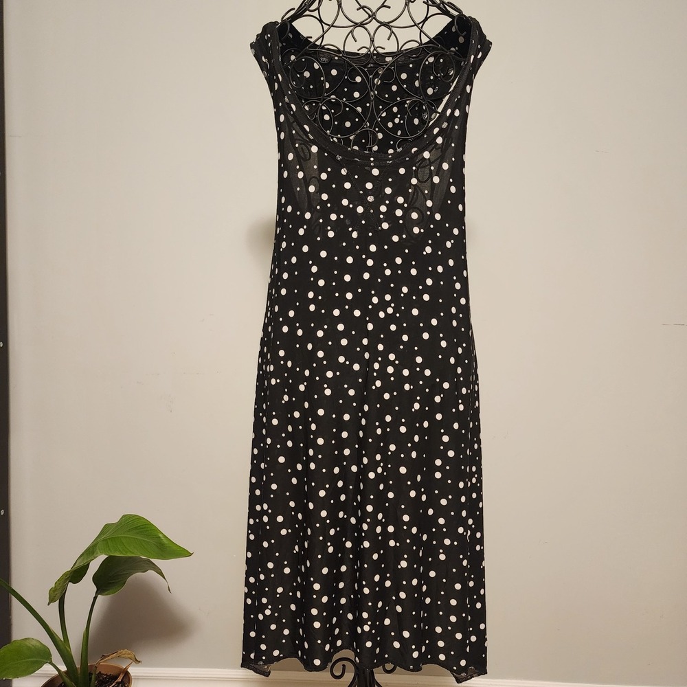 Polka Dot Sleeveless Midi Dress Black White Flowy Scoop Neck Large-XL